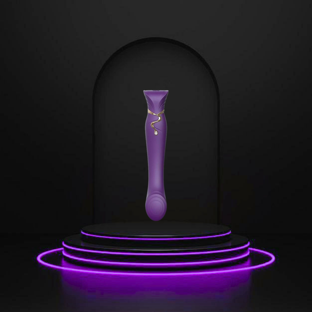 A purple curved handheld personal massager with a small gold decorative accent, displayed on a black tiered platform with glowing purple neon rings against a dark background.