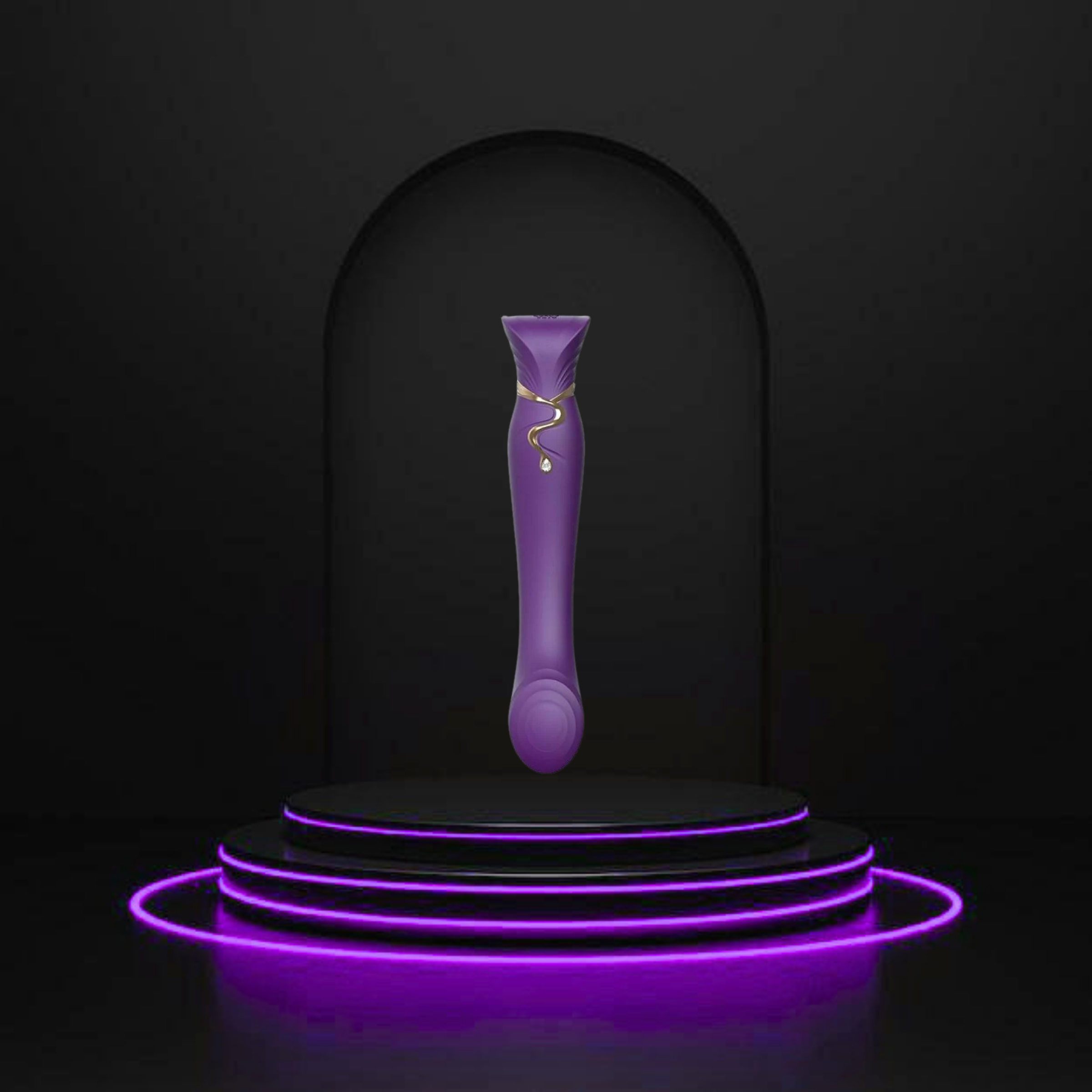 A purple curved handheld personal massager with a small gold decorative accent, displayed on a black tiered platform with glowing purple neon rings against a dark background.