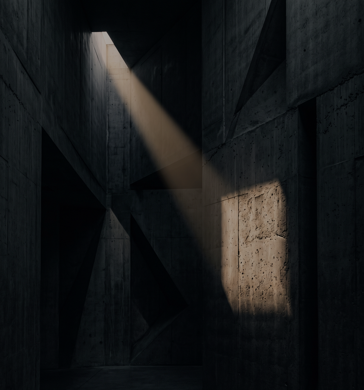Dark concrete architectural interior with a narrow beam of sunlight streaming across rough walls and floor.