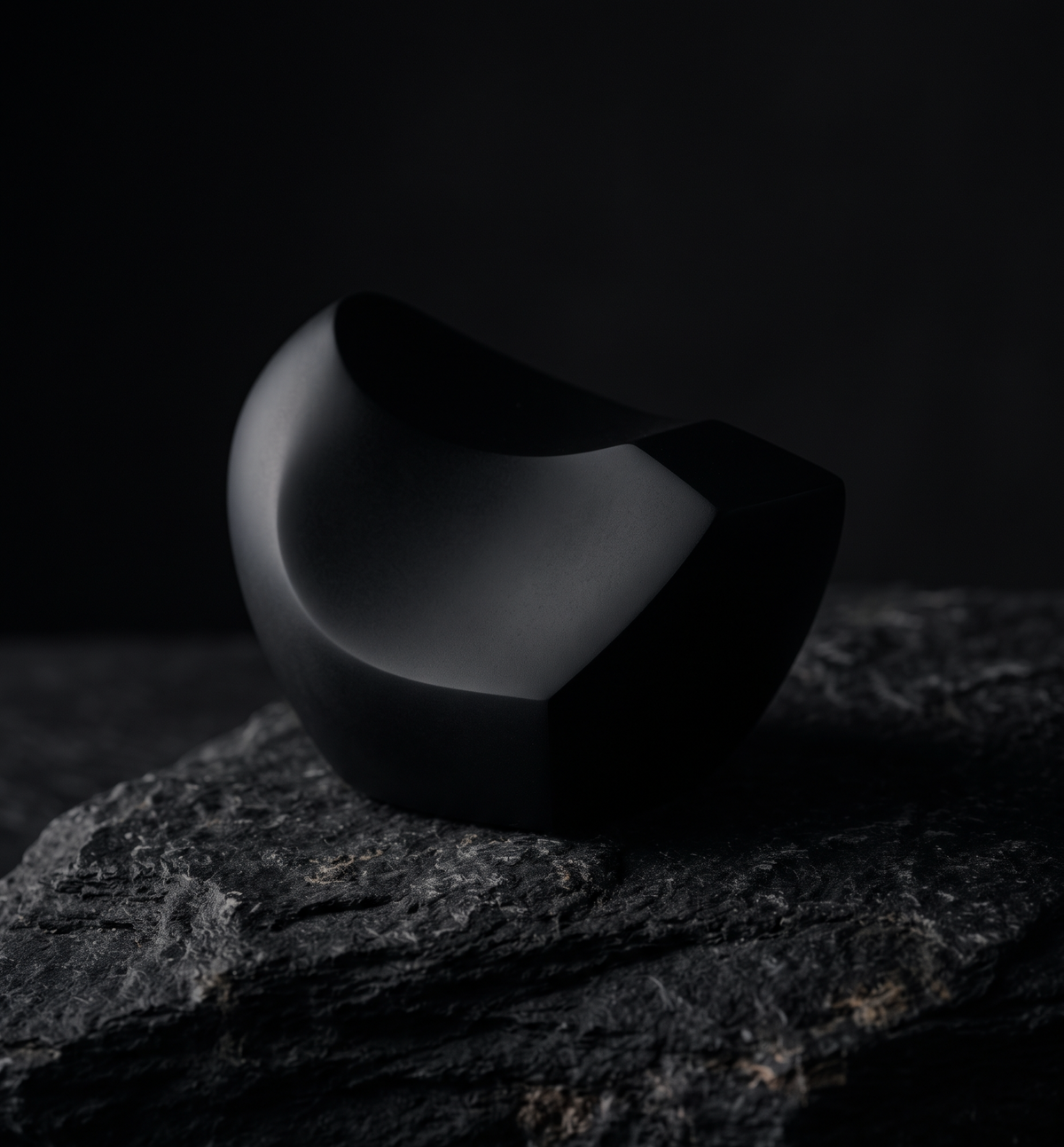 A matte black, organic-shaped bowl or dish resting on a dark textured rock against a dark studio background.