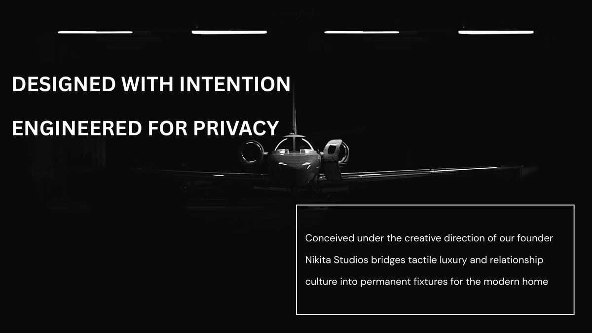 A dark promotional graphic featuring a black-and-white photograph of a sleek airplane on a runway, with large white text reading 'DESIGNED WITH INTENTION ENGINEERED FOR PRIVACY' and a smaller text box in the lower right mentioning Nikita Studios.